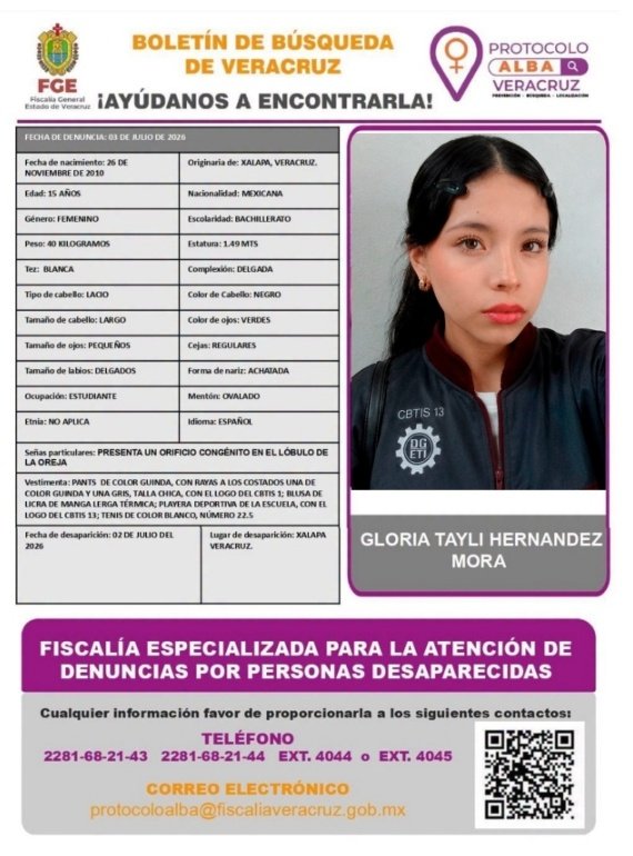 Desaparición de estudiante de 15 años en Xalapa moviliza a su familia; piden apoyo para localizarla