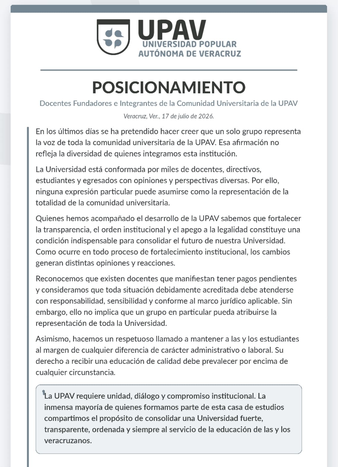 UPAV: Docentes y universitarios aclaran que manifestaciones no representan a la institución