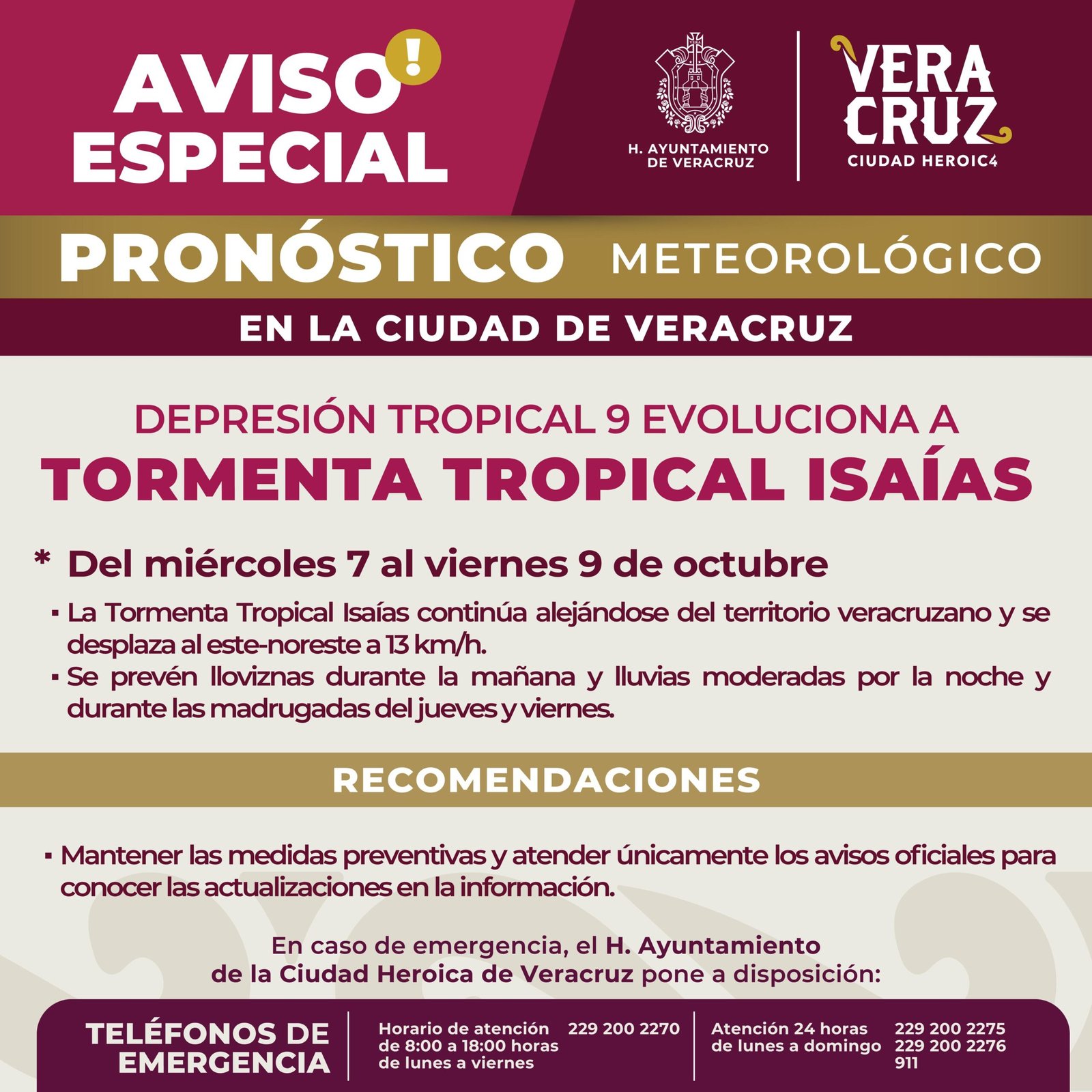 Mantiene Ayuntamiento de Veracruz vigilancia ante tormenta tropical Isaías