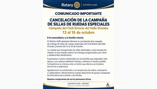 Robo de sillas de ruedas deja sin apoyo a 220 menores; Rotarios cancelan jornada en Orizaba